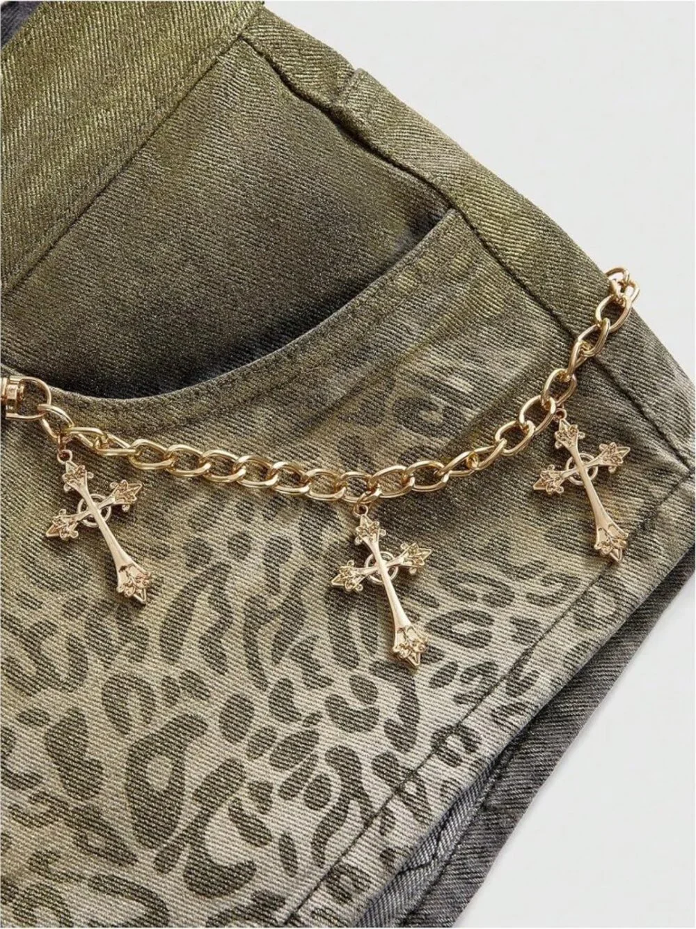 Leopard Print Denim Mini Shorts for Women | Low Rise Y2K Style with Chain Detail